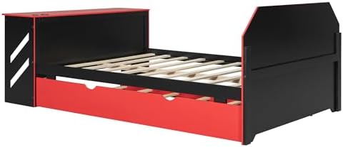 Bellemave Full Size Gaming Bed with Desk and USB,Full Bed with Trundle,Wood Platform Bed with Trundle for Girls Boys,Red - Image 6