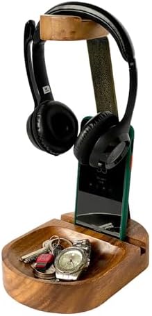 Headphone & Phone Stand, Dual Acacia Wood Holder with Tray, Desk Organizer by Wrightmart
