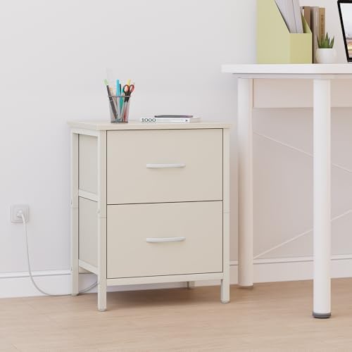 Vagusicc Nightstand with Charging Station, Bedside Table with USB Ports and Outlet, End Table Side Table with 2 Fabric Drawers for Bedroom, Living Room, Beige - Image 7