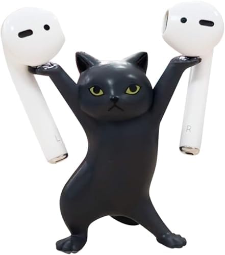 ATHAND Cute Stuff Home Decor Fun Kitty Decoration for Desk Shelf Magnetic Dance Cat Airpod Holder Headphone Earbuds Holder for Apple AirPods 1& 2 3 Pro, Unique Birthday Bday Gifts Ideas (Black) by ATHAND