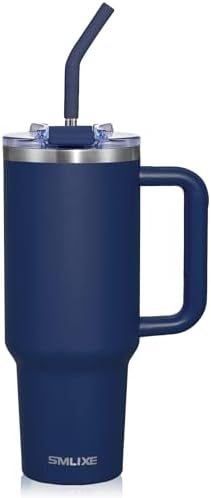 40 oz Tumbler with Handle and Straw Lid,Insulated Reusable Stainless Steel Water Bottle Travel Mug，Cupholder Friendly Double Wall Vacuum Sealed Cup (Navy) by smlixe