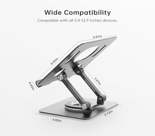 Orlian Tablet Stand Holder with 360° Rotating Base Dual Rod Aluminum Adjustable Tablet Stand for Desk Compatible with iPad Samsung Phone Kindle E-Reader and More, Black - Image 6