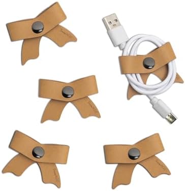 SenseAGE 5 Pack Cord Organizer, Bow Cord Keeper, Cable Organizer USB Holder, Leather Cable Management, Cable Straps, Earphone Winder, Storage Straps for Electronics, Earbuds (Camel Brown, Small) by SenseAGE