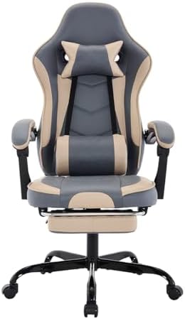 Gaming Desk Chair for Adults, Ergonomic Gaming Chair (Beige+Blue) | with Footrest & Headrest and Lumbar Support, Leather Material Height Adjustable computer Video Game Chairs by Majnesvon