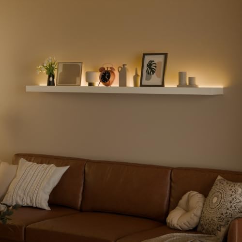 60 inch LED Gaming Floating Shelves for Wall,Solid Wood Long Wall Shelves Set of 1 with Light for Gaming Room,White Rustic Wall Mounted Shelves for Living Room Bedroom Kitchen Garage by ONOTETUT