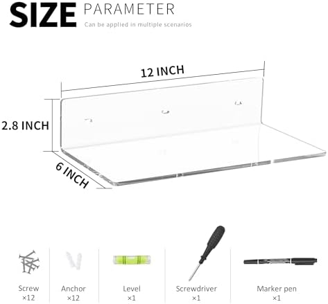 12 Inches Clear Wall Shelves, Moisture-Proof Acrylic Bathroom Organizer Shelves for Wall, Floating Shelf for Bathroom, 4 Pack - Image 3