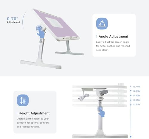 iXTRA Adjustable Laptop Lap Desk with Cooling Fan USB Light for Adults 60x40cm,Purple - Image 3