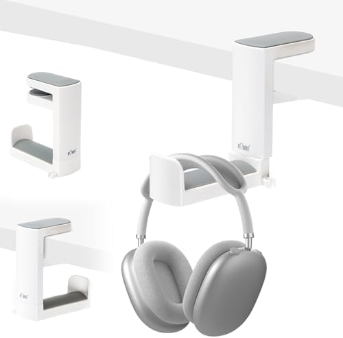 KIWIFOTOS Headphone Stand Holder Under Desk, PC Gaming Headset Hook Hanger Mount with 360 Adjustable Rotating Arm Clamp & Built in Cable Clip - White by KIWIFOTOS