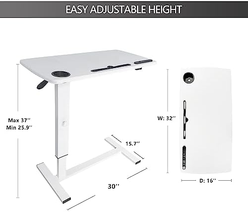 Over Bed Table Pneumatic Adjustable Height Stand Desk with Hidden Wheels USB Ports Pad Slot Mobile Laptop Standing Desk Cart, Podium Table (White, 32X16 inshes) - Image 3