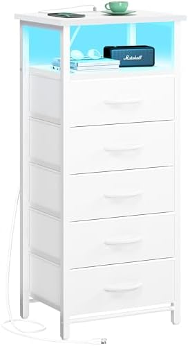 Yoobure 5 Drawers Dresser for Bedroom, Tall Nightstand with Charging Station, Fabric Dresser for Closet with Storage Shelf, Vertical Dressers Chest LED Night Stand, Bedside Table for Dorm Living Room by Yoobure