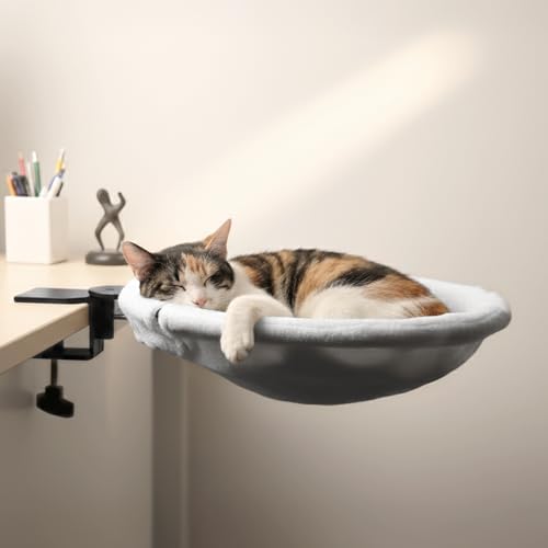 Adjustable Cat Desk Bed, Sunken Design Cat Hammock, Supports Up to 50 lbs, Sturdy Metal Frame with Secure Clamp, Removable Faux Rabbit Plush Cover, Perfect for Home or Gaming Desk (White, XL) by POMESEA