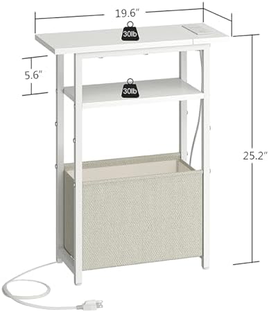 sthmec Narrow Side Table with Charging Station, Small End Table for Small Spaces, Skinny Nightstands with Storage Basket, 3 Tier Sofa Couch Bedside Tables for Living Room,Bedroom, White - Image 3