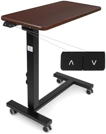 Vaunn Medical Electric Overbed Table Bedside Height Adjustable Table with Wheels (Electric-Powered, Hospital and Home Use) - Brown (Organic Modern) - Image 5