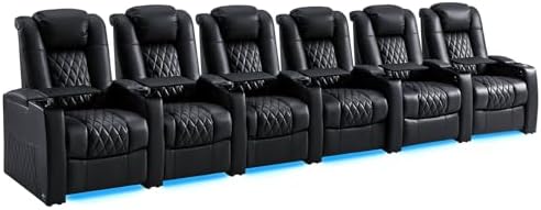 comfiroom Home Theater Seating Seats Classic Series Top Grain Leather Recliner Chair Dual Power Electric Headrest Movie Gaming Sofa with Tray Table Type-C USB Charger Cup Holders (Black, Row of 6) by comfiroom