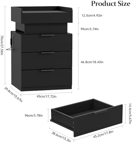 Turosur Night Stand with Gun Drawer, Charging Station & LED Light Modern - Image 3