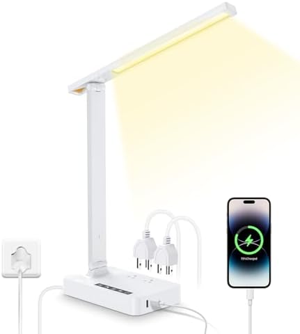 Desk Lamp with USB Charging Port: Table Lamp with Power Strip, Charging Station - 2 Outlets 1 USB-A Ports 1 Type-C Ports, Surge Protection, 5ft Extension Cord, 5 Color Modes 5 Brightness (White) by LAOPAOInc-TheUSA