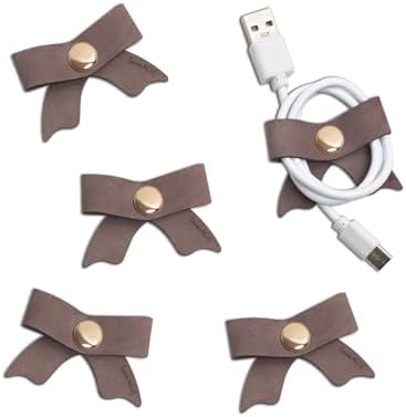 SenseAGE 5 Pack Cord Organizer, Bow Cord Keeper, Cable Organizer USB holder, Leather Cable Management, Cable Straps, Earphone winder, Storage Straps for Electronics, Earbuds (Choco Brown, Small) by SenseAGE