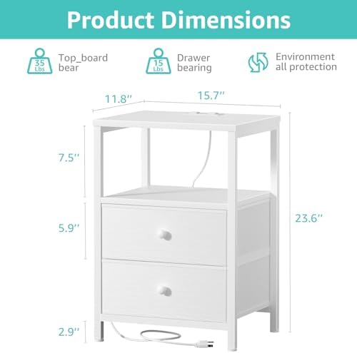 BOLUO White Nightstand with Charging Station, LED Night Stand with 2 Fabric Drawers, Bedside Table with USB Ports and Outlets, Nightstand for Bedroom Modern - Image 3