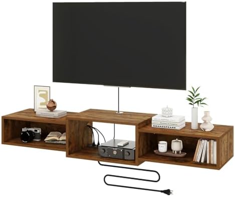 IBUYKE Floating TV Stand Wall Mounted with Power Outlet,Wood Wall Mounted Media Console Shelf,Floating Entertainment Center for Under TV Storage for Living Room Bedroom Office,Rustic Brown WST001H by IBUYKE