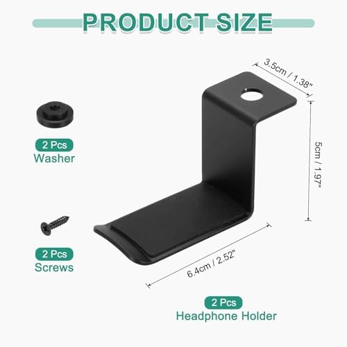 HARFINGTON 2pcs Headphone Holder Stand Aluminum Headset Hook Headphone Clip Under Desk Hanger with Washer and Screws for Bedrooms Study Libraries Offices, Black (5cm) - Image 2