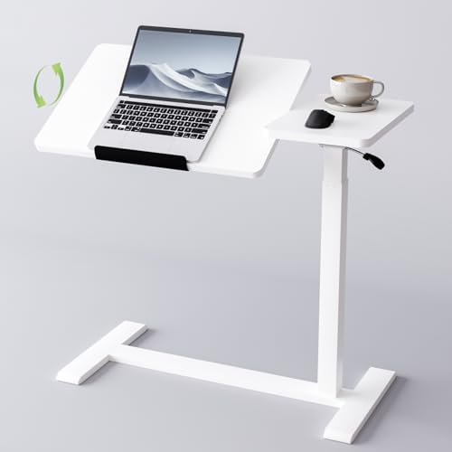 Adjustable Overbed Bedside Table with Wheels Pneumatic Mobile Standing Laptop Desk Rolling Computer Cart Movable Couch Desk Hospital Home Use, White by Unknown