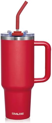 40 oz Tumbler with Handle and Straw Lid,Insulated Reusable Stainless Steel Water Bottle Travel Mug，Cupholder Friendly Double Wall Vacuum Sealed Cup (Cherry Red) by smlixe