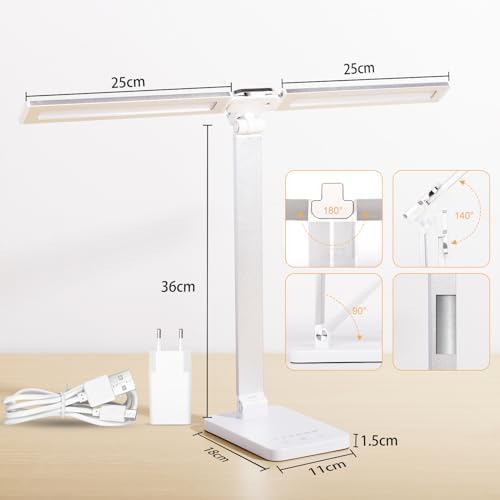 LAOPAO LED Desk Lamp, Dual Head Desk Light, 5 Levels Dimmable & 3 Color Modes Eye-Caring Table Light with USB Charging Port, Table Lamp for Reading, Studying, Home Office,White - Image 4