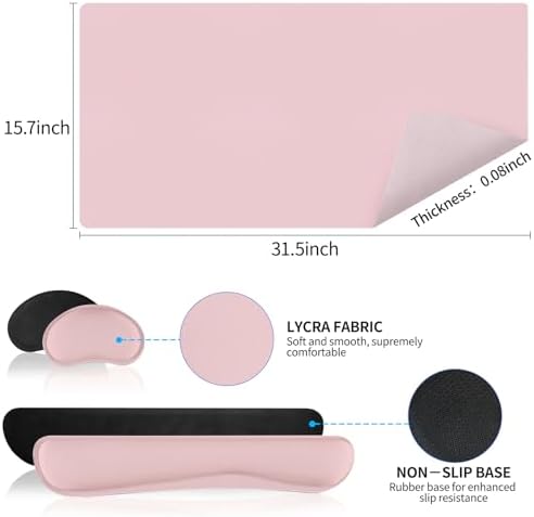 Mouse Pad and Keyboard Wrist Rest, Large Keyboard and Mouse Pad Set, Ergonomic Mousepad with Wrist Rest, Non-Slip Desk Mat Protector for Office, Home (31.5×15.7 Inches, Pink) - Image 3