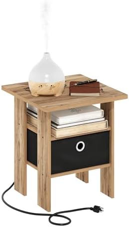 Furinno Andrey USB and Type-C Port Charging Station End Table with Storage Bin, 15.55 (W) x 12.56 (H) x 8.5 (D) inches, Flagstaff Oak/Black by Furinno-FitsYourSpaceFitsYourBudget