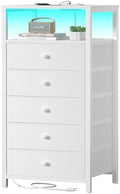 BOLUO White Dresser with 5 Drawers Tall Nightstand with Charging Station and LED Light, Bedside Table Room Storage Drawers Closet by BOLUO