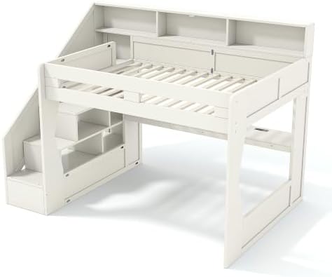 KEIKI Queen Size Gaming Loft Bed with Storage Stairs, LED Lights & Desk - Image 7