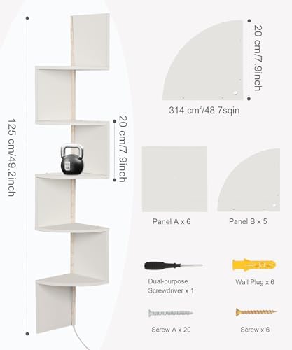 5 Tiers Corner Shelf with RGB LED Lights, 49.2" Wall Mount Floating Corner Display Shelf for Living Room Bedroom Home Office Decor, APP & Remote Control (White) - Image 6