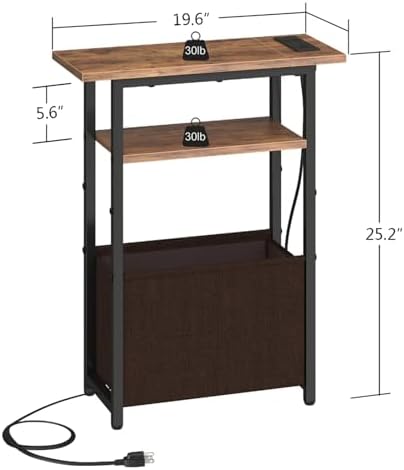sthmec Narrow Side Table with Charging Station, Small End Table for Small Spaces, Skinny Nightstands with Storage Basket, 3 Tier Sofa Couch Bedside Tables for Living Room,Bedroom, Rustic Brown - Image 3