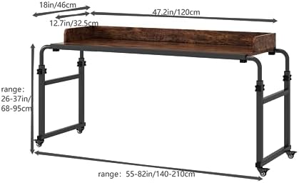 Furist Overbed Table with 360° Wheels, Queen Size Mobile Bed Desk, Recliner Table Over Bed Table Adjustable Height and Length Overbed Table with Heavy Duty Metal Leg for Hospital and Home use - Image 2