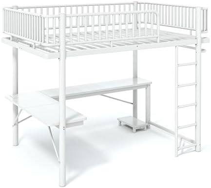 Bellemave Queen Metal Loft Bed with L-Shaped Desk,LED Lights and Charging Station,Heavy Duty Loft Bed Frame with Hanging Rod & CPU Tray for Kids Teens Adults,Space-Saving,White - Image 7