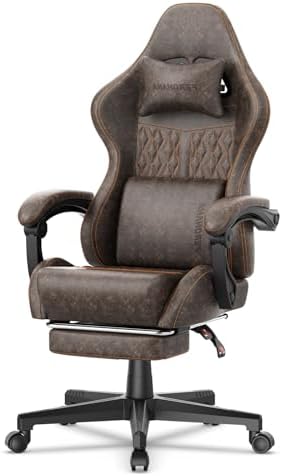 Ferghana Vintage PU Leather Gaming Chair, Ergonomic Gamer Chair with Massage, High Back Computer Office Chair with Footrest for Adults, Racing Style Reclining Video Game Chair (Brown) by FerghanaGamingChair