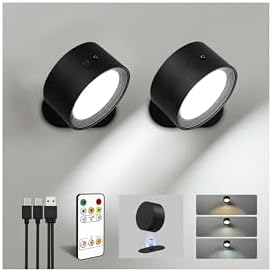 LED Wall Mounted Lights, Rechargeable Wall Sconces, 3 Color Temps, Remote & Touch, 360° Rotating and Dimmable for Bedroom, Bedside & Reading (Black, 2 Pack) by AMETHEUS