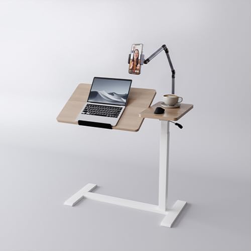 Adjustable Overbed Bedside Table with Wheels Pneumatic Mobile Standing Laptop Desk Rolling Computer Cart Movable Couch Desk Hospital Bed Table, Natural Wood - Image 2