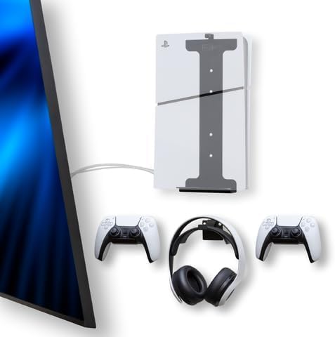 HIDEit Mounts PS5 Slim with Two Controllers & a Universal Headset Wall Mount Bundle - American Company - Quality Steel Wall Mount - Design for Proper Airflow (Not for PS5 Original) by HIDEitMounts