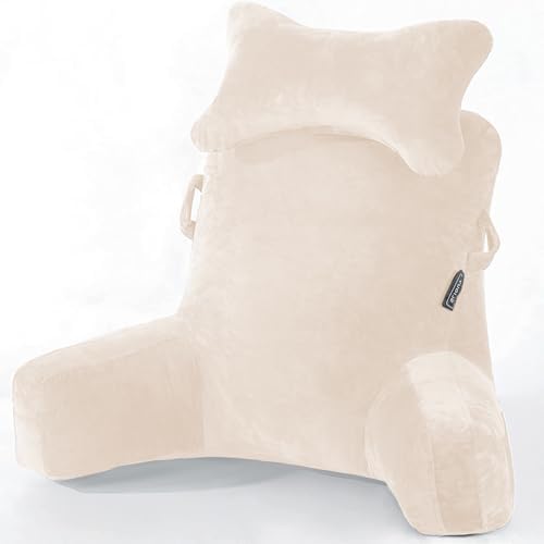 SLIGUY Reading Pillow-Bed Rest Pillow with Detachable Neck Roll & Higher Support Arm for Sitting in Bed Couch or Floor-Backrest Reading Pillow Adult Back Pillow for Reading/Watching TV/Gaming,Beige by SLIGUY