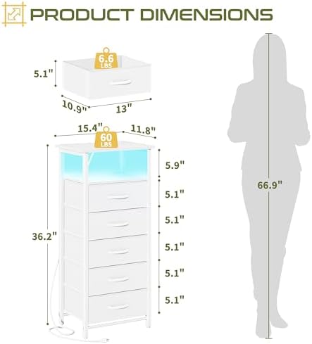 Yoobure 5 Drawers Dresser for Bedroom, Tall Nightstand with Charging Station, Fabric Dresser for Closet with Storage Shelf, Vertical Dressers Chest LED Night Stand, Bedside Table for Dorm Living Room - Image 3