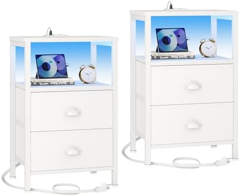 Furologee Nightstands Set of 2, End Tables Set of 2 with Charging Station and LED Lights, White Night Stands with 2 Fabric Drawers, Bedside Tables for Living Room/Bedroom by Furologee