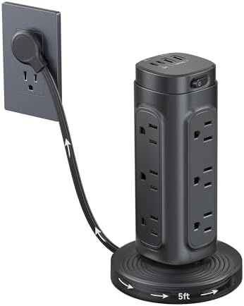 TROND Retractable Power Strip Tower 5 ft for Easy Cable Management, Black by TRONDOfficial