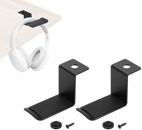 HARFINGTON 2pcs Headphone Holder Stand Aluminum Headset Hook Headphone Clip Under Desk Hanger with Washer and Screws for Bedrooms Study Libraries Offices, Black (5cm) by HARFINGTON