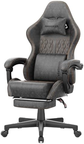 Ferghana Vintage PU Leather Gaming Chair, Ergonomic Gamer Chair with Massage, High Back Computer Office Chair with Footrest for Adults, Racing Style Reclining Video Game Chair (Grey) by FerghanaGamingChair