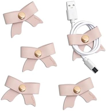 SenseAGE 5 Pack Cord Organizer, Bow Cord Keeper, Cable Organizer USB Holder, Leather Cable Management, Cable Straps, Earphone Winder, Storage Straps for Electronics, Earbuds (Dusty Rose, Small) by SenseAGE