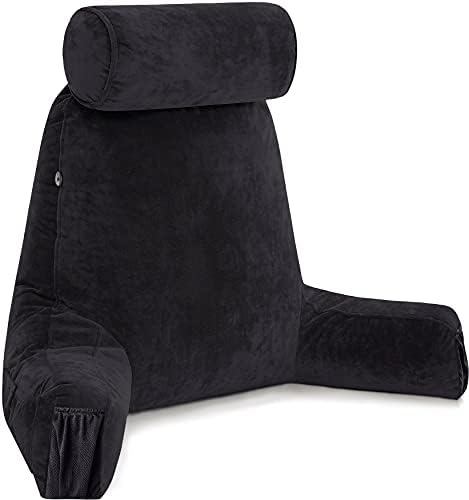 Husband Pillow Medium Reading Pillow with Arms - 23" Backrest for Sitting Up in Bed - Firm Support Bed Rest Pillow for Adults, Neck Roll, Removable Cover - TV, Reading, Lounging - Black by HusbandPillow