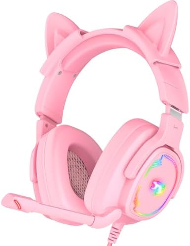 Jimonyer Gaming Headset with Microphone, 7.1 Surround Sound and Noise Canceling Over Ear Headphones for PC/PS4/PS5/Xbox Series/Switch, RGB Light and Soft Imitation Protein Earmuffs (PinkCat) by Jimonyer