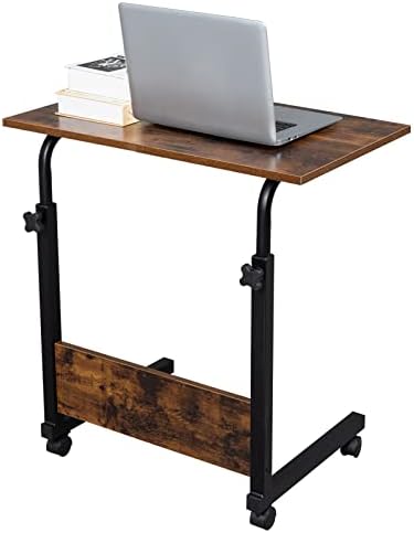 TV Tray Bed Side Table, Portable Rolling Desk Hospital Bed Laptop Table, Small Standing Desk with Wheels Adjustable Height for Sofa, Bedside, Tablet Use, Secure Non Tilt, 23.6" W, Brown by NAICKUC