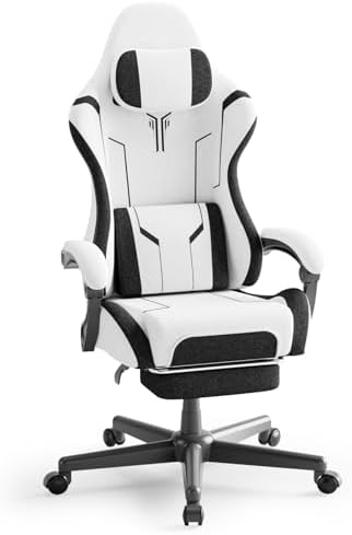 Ferghana Breathable Fabric Ergonomic Gaming Chair, Ergonomic High Back Gamer Chair with Footrest and Linkage Armrest, Office Computer Video Game Chair for Adult, White/Black by FerghanaGamingChair